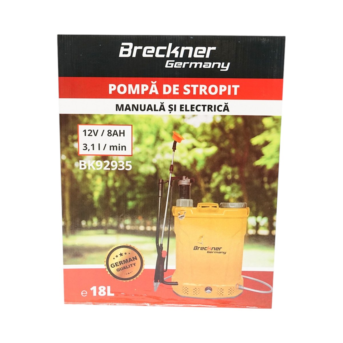 Pompa de stropit vermorel 2 in 1 manuala si electrica, rezervor 18L, baterie 12V 8Ah, debit 3.1 L/min Breckner Germany